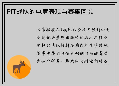 PIT战队的电竞表现与赛事回顾