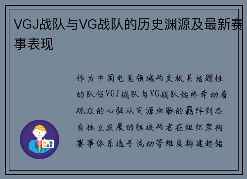 VGJ战队与VG战队的历史渊源及最新赛事表现