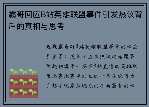 霸哥回应B站英雄联盟事件引发热议背后的真相与思考