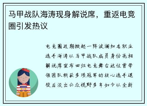 马甲战队海涛现身解说席，重返电竞圈引发热议